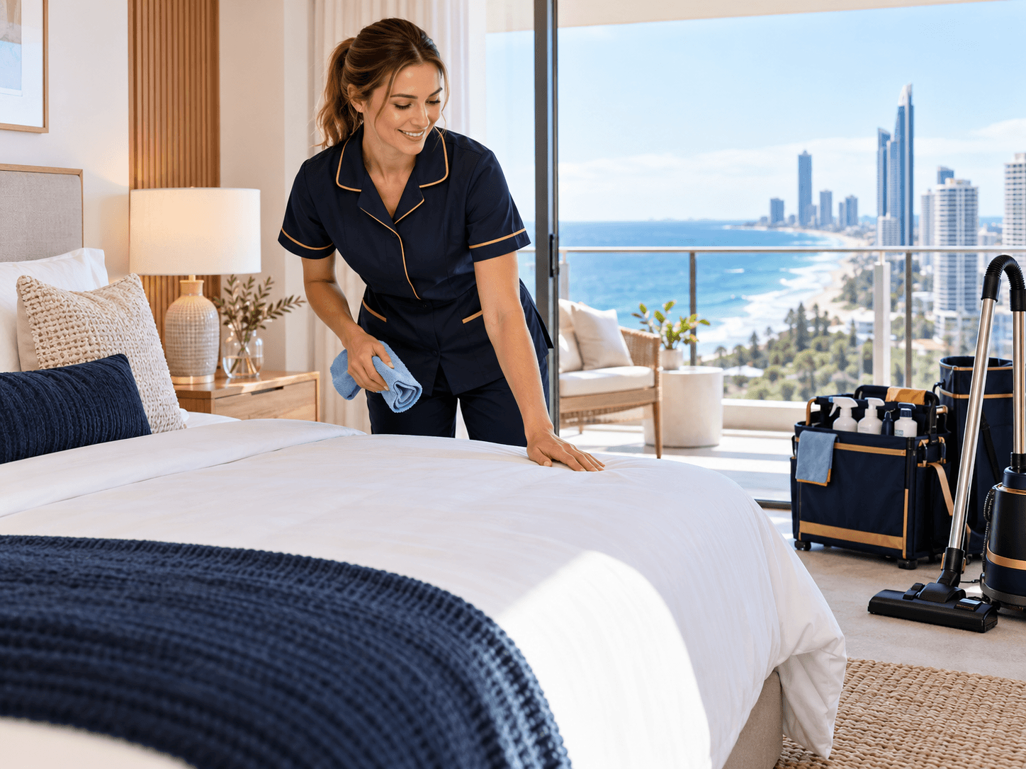 Supra Cleaning cleaner working on fresh linen in a Gold Coast apartment bedroom